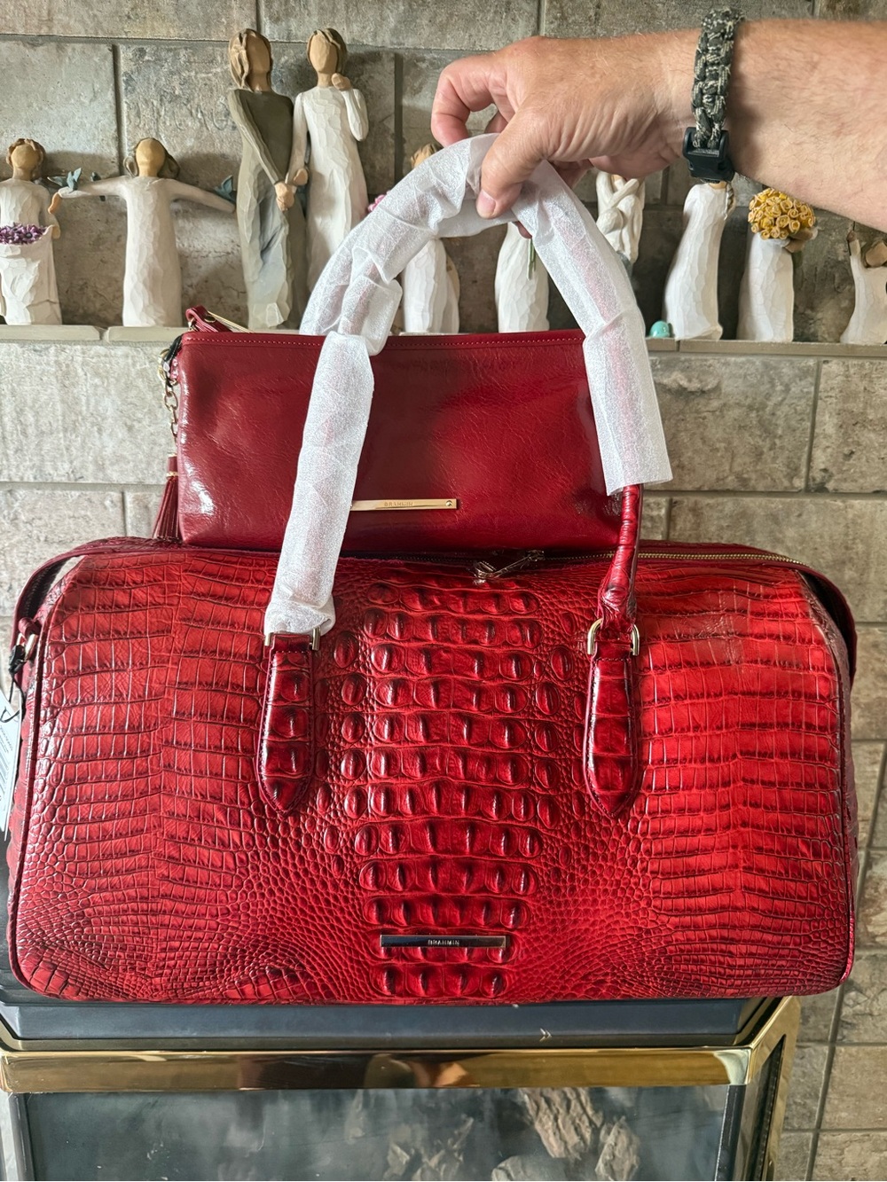 Brahmin Red Leather Croc-Embossed Weekender and matching Shayla pouch set
